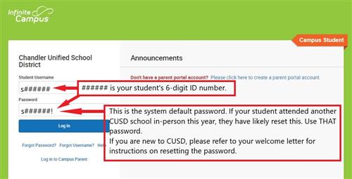 Default usename is lowercase s followed by the 6-digit ID number, password is same with ! at the end